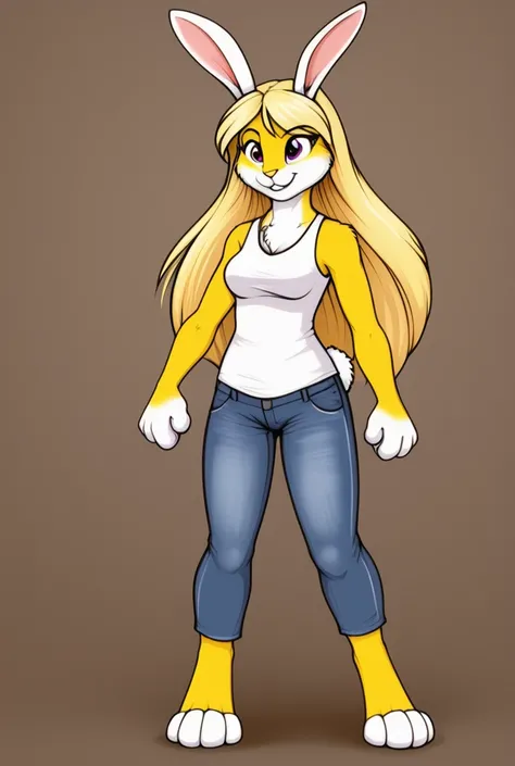   anthropomorphic bunny ,   yellow fur  ,   white fur on the front , Long Blonde, Rabbit paws, Exhausting, a pair of jeans , a sleeveless shirt , barefoot, Standing,   Full body  , sfw 