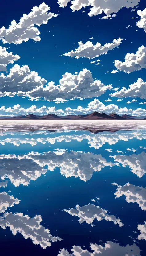 Draw a simple art in Tintinpixai style, a  sitting on the shore of a large body of water with clouds in the sky, in the Uyuni salt flat, amazing sky reflections, crystal clear clouds, amazing reflections, beautiful reflection, awesome photo, epic and stunn...