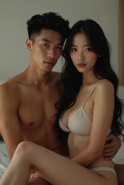 Stylish photography,facing forward,staring intently,A handsome Sundanese man with a thin, athletic body,naked,short black curly hair,sitting on the bed hugging the back of a beautiful Korean woman,long black hair,ideal shapely body,compact chest ideal,nake...