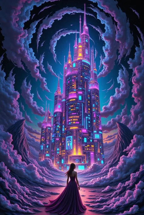 A colossal flying city, its metallic spires and grand architecture twisted and shattered, hovers amidst a swirling vortex of debris, as a being born from digital code, its body a dazzling, iridescent mosaic of shimmering squares, radiates an ethereal glow,...