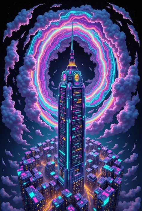 A colossal flying city, its metallic spires and grand architecture twisted and shattered, hovers amidst a swirling vortex of debris, as a being born from digital code, its body a dazzling, iridescent mosaic of shimmering squares, radiates an ethereal glow,...