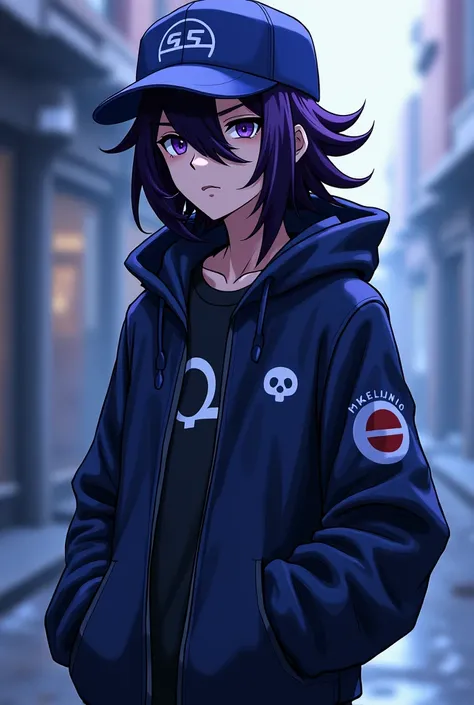 (Anime Male Pokémon trainer with long shaggy naturally dark purple hair, clad in a ghost-type trainer ensemble. A baseball cap hid their eyes from view.)