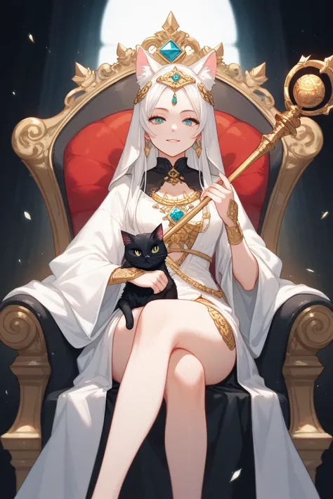 a white cat, with a white robe sitting on a throne of gold and precious stones, holding a staff, accompanied by a white cat with a white robe and a black cat with a black robe; The accompanying cats must also be in robes and surrounded by a surreal setting...