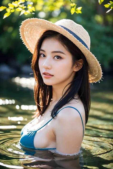 A stunning portrait of a young woman partially submerged in water, with only her face and upper body visible above the surface. She is wearing a wide-brimmed blue hat adorned with delicate flowers, with water droplets glistening on its surface. Her wet hai...