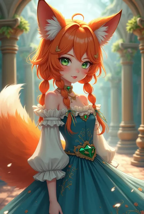 Create a mango-style feminine character with orange hair with two large braids , like green eyes like emerald  , with fox ears and tail the same color as the hair of a blue court fools dress 