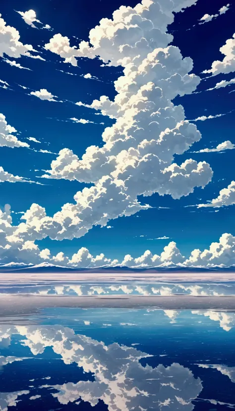 Draw a simple art in Tintinpixai style, a  sitting on the shore!!! of in a large body of water with clouds in the sky, in the salar de Uyuni, amazing reflections of the skyTextured clouds anime-style a painting, crystal clear clouds, amazing reflections, b...