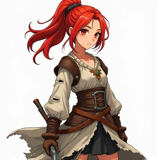  red-haired girl Tomboy style,  red eyes, torn medieval clothes ,  anime style Ghibi Pixelart ,  white background 
