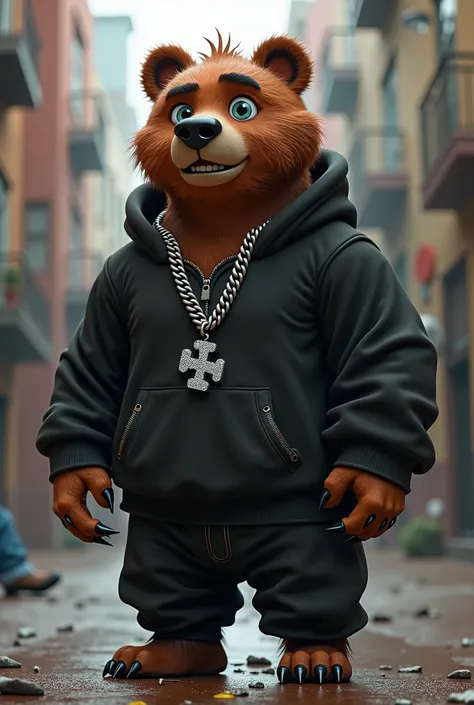 A bear standing on two legs animated the eye is an ex ,  with a diamond chain ,  and that has a black sweater and pants and has a rough style