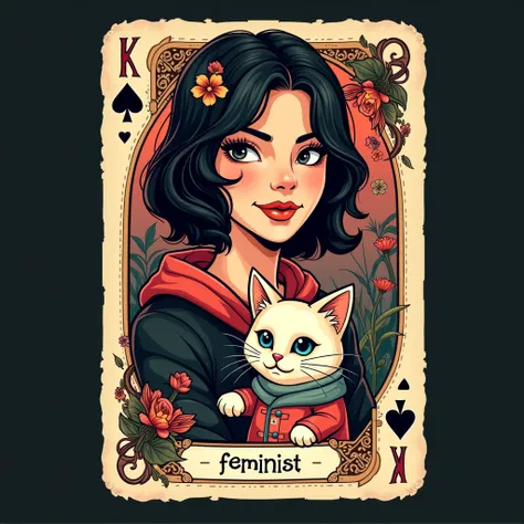 make the version of the vampire villager game that is played with board and cards but the theme of this game will be my feminism and there will be a cat in it design a playing card