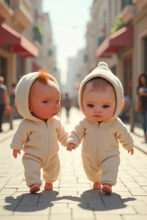 Deux bébés élégants en coton doux et potelé marchant en public 