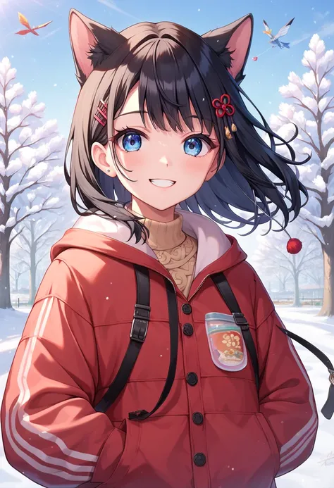       Elementary School Students Provoke Their Teachers ， girl with dog ears，          black hair，      black ear      ，  winter，smile，fun，      upper body， January， battledore，Kite flying，New Years play   ，Anime Images