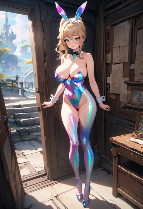 8k, masterpiece, best quality, ultra detailed, Ultra-high resolution, Highly detailed CG, break, 1girl, jean(genshin impact), kawaii, nsfw, big breasts, slender, (Iridescent Fluorescent bunnysuit:1.2), full body, indoors, standing
