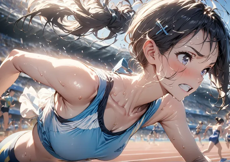 anime,depth of field, cinematic lighting, lens flare, f/1.2,(masterpiece:1.2),(high definition),Running Girl、Speed、A refreshing piece、Shortcuts、ponytail、hairpin、Sweat flying、Summer sunshine、Athletics、Black Hair