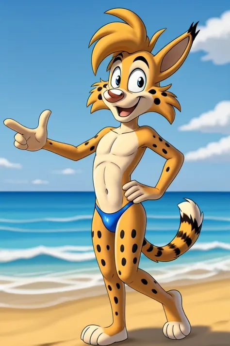 Lynx cartoon guy full length slim skinny in blue speedo on the beach with a happy face striped tail