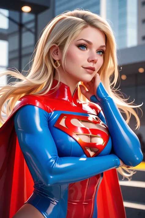 Sexy supergirl,red and blue suit,blond hair,detailled face