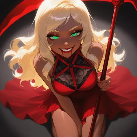 OC, female, semi realism, dark tanned skin, red lips, blonde eyebrows, perfect face, long wavy light Ashe blonde hair with bang,  half-closed Green eyes, evil smile, red glamorous, sweet aesthetic, harness and lace mystic dress, mystic luminescent, sexy, h...