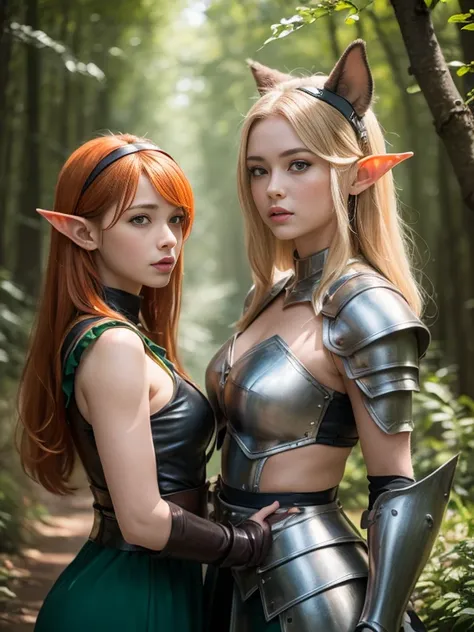 (masterpiece),  top quality , expressive eyes, perfect face, Two adventurer girls, (  1 girl, Elf Ears, Blonde,  green eyes, Green Dress, gem,  wizard), ( 2 Girls, Elf Ears,  orange hair,  brown eyes,   leather armor , Fighter) , Magical forest background