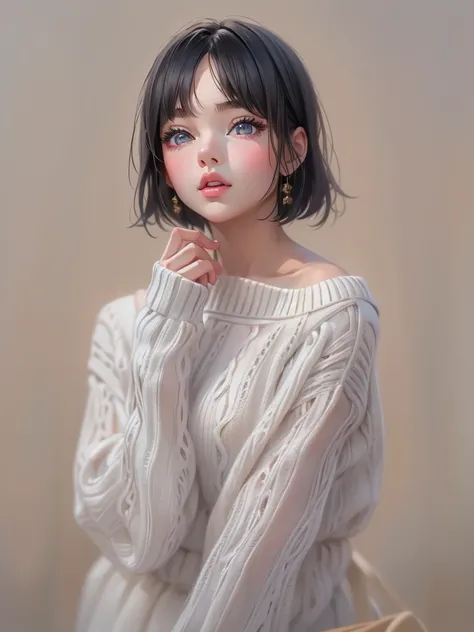 Hyper-realistic,photorealistic,a beautiful young girl, Age 15、detailed face, Thick lips、Glossy lips、 kind,short bob black hair,  off-shoulder white sweater dress that opens the center of the lips slightly,high definition painting