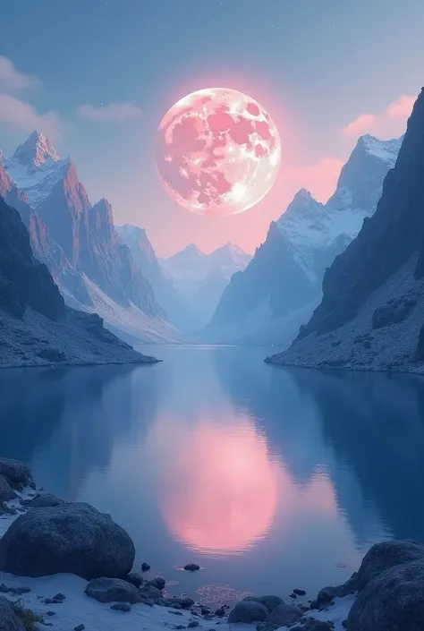 Lune pleine et rose dans un ciel étoilé et légèrement nuageux. La lune et le ciel se reflètent dans un lac bleu nuit entouré de montagnes rocheuses, pointues, bleu clair et légèrement enneigées. Il fait nuit. Nuit étoilée.