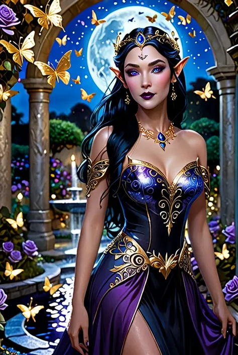 An attractive elven lady with floating black hair. She stands inside a fantasy night garden next to a fountain and is surrounded by tiny golden butterflies and purple roses. She is adorned in a black-blue dress made from metal. Her shining golden jewelry, ...