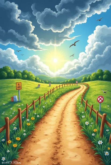 create a drawing that illustrates this verse 1 Peter 3:11.two paths:
 Draw a road divided into two :  a path full of bad things , like dark clouds ,  garbage and prohibition signs , and another illuminated , with flowers,  birds and a happy family walking ...