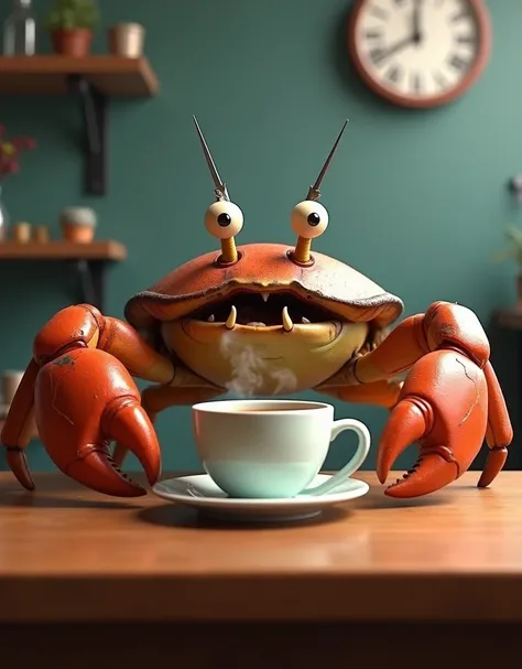 Theres an angry crab who is protecting his coffee on a table. He shows his scissors to viewer and looking at viewer. Pixar Animation style. 