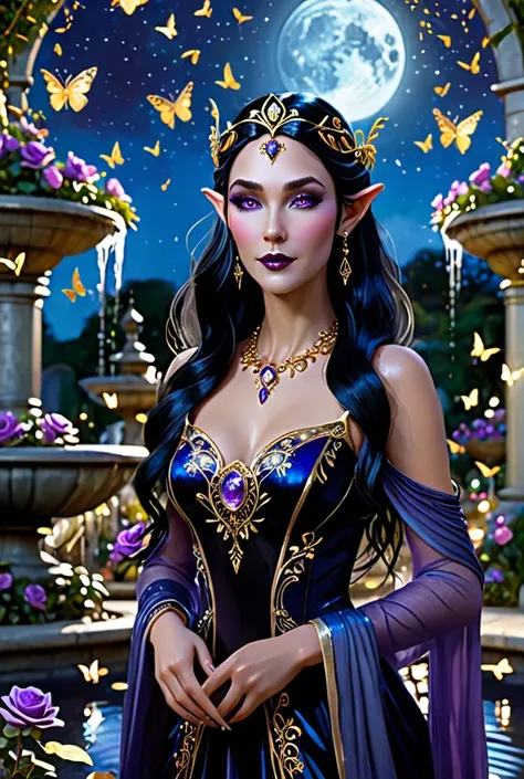 An attractive elven lady with floating black hair. She stands inside a fantasy night garden next to a fountain and is surrounded by tiny golden butterflies and purple roses. She is adorned in a black-blue dress made from metal. Her shining golden jewelry, ...