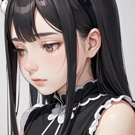 Adult female, human, long black hair, flushed cheeks, wearing puppy ear headband, hazel eyes, wearing black dress, flat chest, hands clasped in front of herself, head down, 8k detail, focus on face 