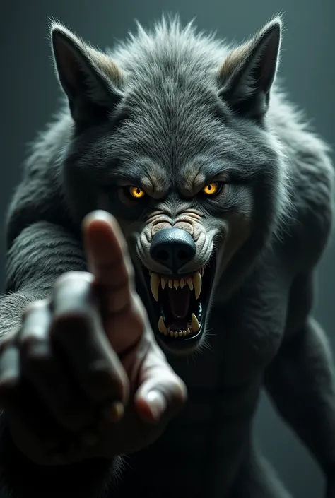 A mesmerizing close-up portrait of a scary werewolf flipping off the camera 