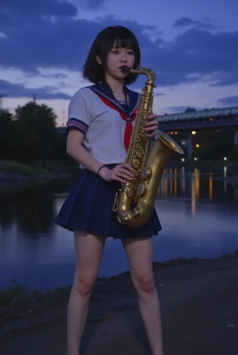  highest image quality taken by Ki、Realistic、((High school student playing alto saxophone))、 woman in sailor suit、A riverbed in a suburb of Tokyo 、evening、 a train crossing a bridge in the distance 