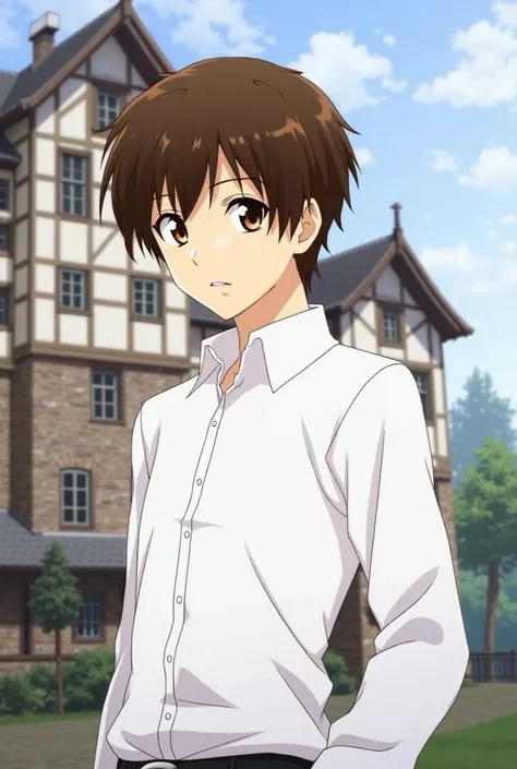 anime: Stylish image of a young man wearing a white shirt ,  brown hair and eyes of the same color standing in front of a medieval house,  A portrait of a character inspired by Hisui Sugiura ,  Winner of the pixiv contest , what is?, Portrait of Eren Yeage...