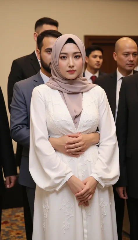 Mrs. Ba wearing a hijab in a white guipure dress shirt with a pattern on the front, open chest, puffy guipure sleeves in the reception hall and big breasts, standing in the middle of a number of men, and a Kurd hugged her from behind and held her by the wa...