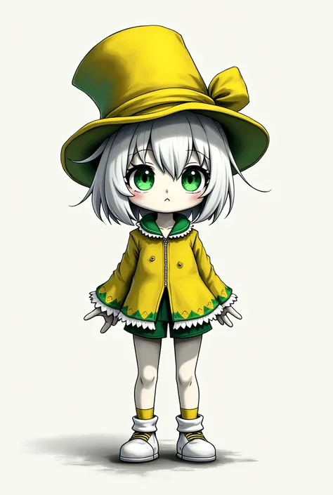  Anime girl with short white hair ,short leprechaun costume , yellow hat with white , white shoes , green eyes and that the anime girl has only faded black and white colors