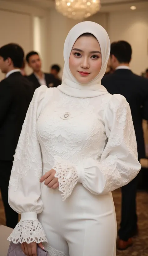 Mrs. Ba wearing a hijab in a white guipure dress shirt with a pattern on the front of the chest, wide puffy guipure sleeves with flowers, stood in the reception hall and had big breasts in the middle of a number of men. Next to looking at the camera