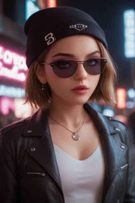 Face close up, alternative girl, watching over black sunglasses, jacket, necklace, neon light reflections on skin, ear ring, makeup, skin imperfection, short hair, beanie, neon lights background, low light, depth of field, highly detailed, high contrast, f...