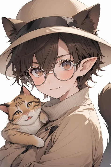 A young man, with long brown hair, brown eyes and round-lensed glasses, a brown overcoat and a beige sweater, a faint gentle smile, feline ears and a feline tail, with a hat from the 50s