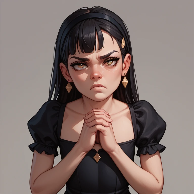 Adult female, long black hair, straight hair, wearing puppy ear headband, hazel eyes, wearing black dress, flat chest, hands clasped in front of herself, head down, pouting in shame, 8k detail, focus on face 