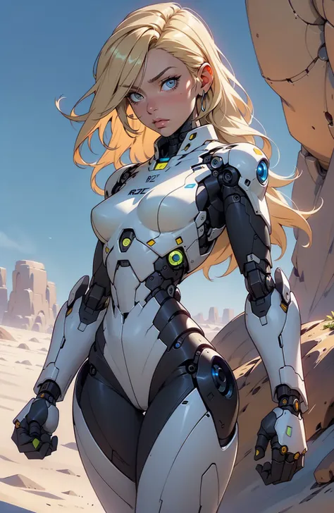 high quality, 4k, masterpiece, beautiful, cyborg girl, cowboy shot, dull eyes, looking at viewer, long blonde hair, girl, small breasts, fit thigh, robotic arms, robotic body, cyborg body, yellow accent, intricate detail, joint, detailed lines, robotic det...