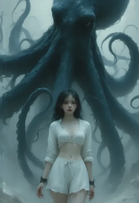 1 girl,hands,captured,hanging breasts, white bra,Tentacles clutching,captured,trying to escape,tentacles like chains on their wrists,shirt,skirt, covered breasts ,deseperada, guilty pleasure ,Mijillas Rojas , forced breathing , forcing to escape,octopus te...