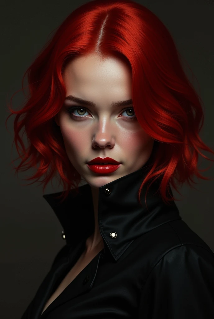  Woman with red-haired chin-length hair, beautiful, dressed in black and red 