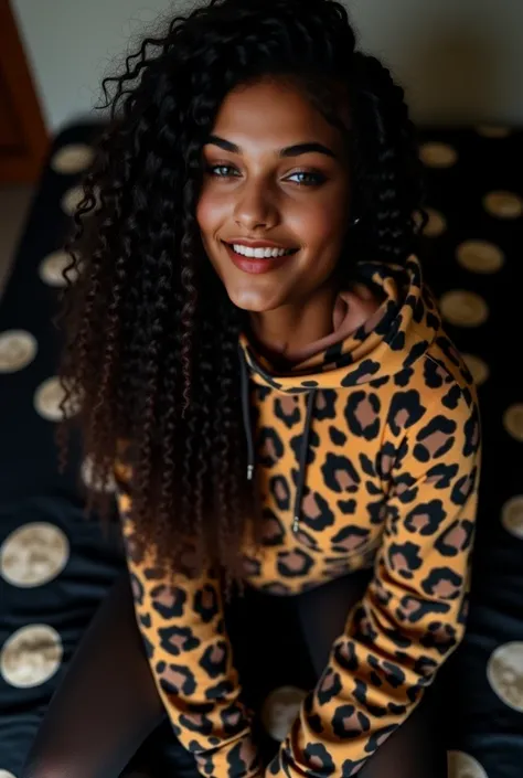  Dark-skinned Amazonian woman,  curly hair, braided ,  Long and voluminous , (jaguar sweatshirt ,  jaguar hoodie ,  jaguar legging pants ),  taking a selfie , same background, ( small breasts ),  WIDE HIPS,  fine winding,  big ass and thick thighs . greeni...