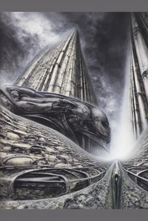 H. R. Gigers g1g3r, , Giger_style, The image is a detailed view of H.R. Gigers " NECRONOM IV " plate, featuring liminal void transition space. The artistic manner would be unmistakably Gigeresque. A dark and unsettling beauty would permeate the piece, blur...