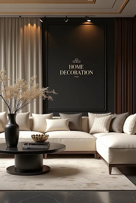 Design a sophisticated Facebook cover for Luxury Home Decoration. The cover should feature an elegant living room with luxurious decor items such as a stylish centerpiece, high-end accessories, and a refined color palette of gold, white, and black. The sto...