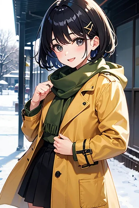  highest image quality taken by Ki、whole、 black hair、 black eyes、 short hair、 girl、 cute、 private clothes、Winter clothes、 Trench Coat 、Scarf around the neck、 fashionable、 skirt、Around town、Petite、 small hair ornament、1 person、 happy expression、 punch