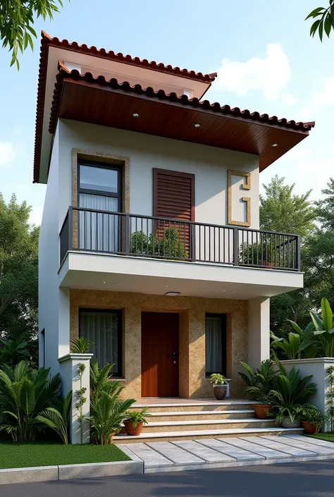 Design a façade of a 3-story Latin American style house with simple but elegant roof tiles 