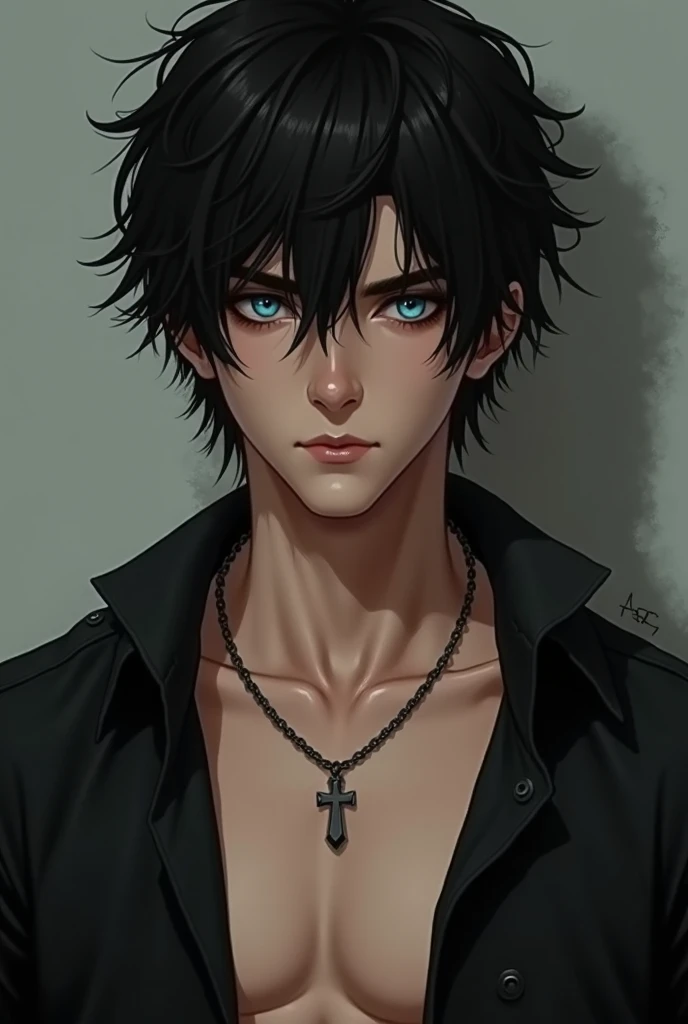 25-year-old boy .  Shoulder-length rebellious black hair.  blue eyes .  Open chest black shirt  