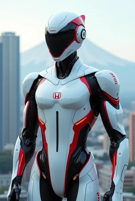   realistic photo ,  futuristic android made by Honda Motors,  white and red paint  , Honda emblem on the chest ,  futuristic city  ,  very muscular male structure ,  Mount Fuji in the background  