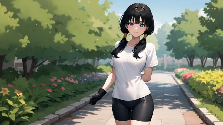 masterpiece, best quality, highres, videl2, solo, blue eyes, black hair, twintails, black gloves, bike_shorts, bangs, white shirt, badge, medium breasts, cowboy shot, smile, arm behind back, garden,