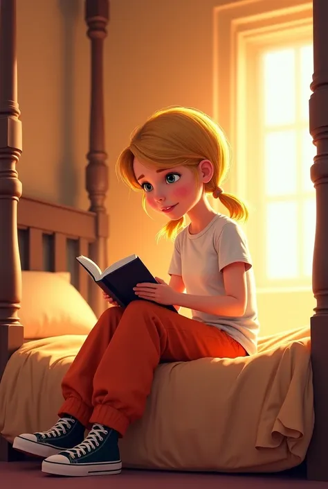 Disney Pixar-style poster the  girl with soft golden blonde hair with low ponytails and wearing a white t-shirt with short sleeves with loose orange pants and black sneakers sitting on the edge of her four-poster bed reading a book 