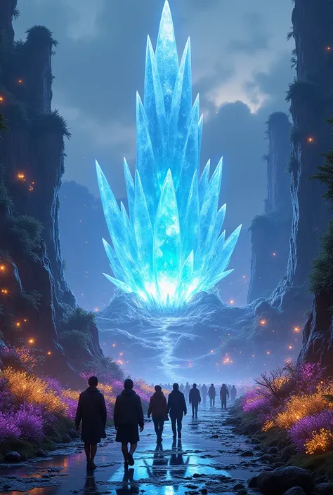 Setting: A dazzling, otherworldly city with crystalline spires, glowing rivers, and bioluminescent plants.

Foreground: The team walking through empty streets, awestruck.

Background: The Heart of Ecohey, a massive glowing crystal, faintly pulsing.

Atmosp...